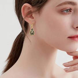 Black Onyx Earrings Sterling Silver Filigree Dangle Dangly Drop Charm Leverback Earrings Boho Jewelry Gifts for Women