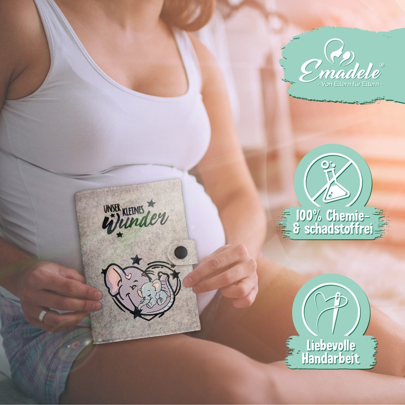 Emadele Mother Child Passport Cover Elephant 'Unser Kleines Wunder' Light