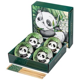 EatingBiting 4pcs Bowls & 4 Pairs of Chopsticks Panda Porcelain Rice Soup Salad Ceramic Rice Bowl Cereal for Kitchen Assorted Designs Microwave Dishwasher Safe with gift box