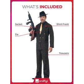 Smiffys Gold Pinstripe Gangster Costume, Black, XL - Size 46inch-48inch