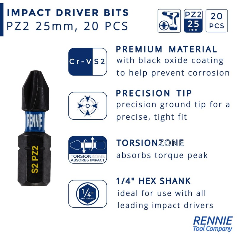 26 x Rennie Tools 25mm Long PZ2 Impact Screwdriver Driver