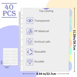 5 Set of 40 Pack Sheet Protectors 8.5 x 11 Inch, Letter Size Sleeves Binder Index, Dividers Pocket for 2/3/4 Ring Binder Dividers with 8 Tabs, Clear Page Protectors Organizer for School Home Office