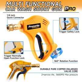 Prunarbo Foam Cannon for Pressure Washer with Gun, Heavy Duty Brass Swivel with 1/4” Quick Connector 5650 PSI Soap Lance Blaster for Car Washing 6-in-1 Nozzle Tips kit 1 Liter Vehicle Cleaning Tool