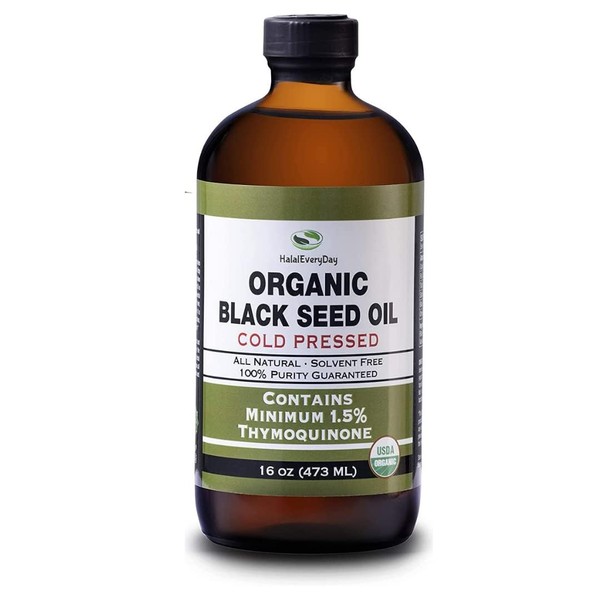 HalalEveryDay Organic Black Seed Oil - USDA Certified, Cold Pressed Glass Bottle 16oz - Over 1.5% Thymoquinone Turkish Black Cumin Nigella Sativa Non-GMO 100% Pure Blackseed Oil