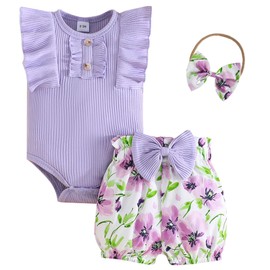ChuYuKu Newborn Girl Summer Clothes Floral Romper Infant Baby Girls Shorts Summer Set Toddler 1st Birthday Outfits Purple 12-18M