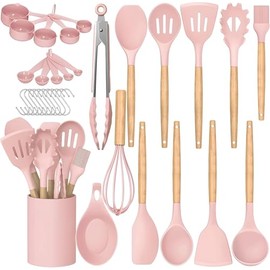 Feuora Premium Silicone Kitchen Cooking Utensils Set, 33pcs – 446°F Heat Resistant, Non-stick, BPA-Free, Wooden Handles, Spatula, Turner, Tongs, Spoon, Brush, Whisk – Essential Cooking Gadgets (Pink)