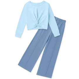 Gaupafmb Teen Girl Clothes Solid Long Sleeve Twist Crop Tops and Wide Leg Pants 2PCS Casual Girls Clothes Size 14-16
