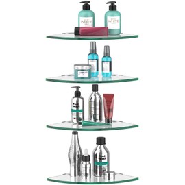 VeeCano 4 Pack Glass Corner Shower Shelf Bathroom Corner Shelves Wall Mounted Tempered Glass Shower Caddy Corner Shelf for Inside Tile Shower Organizer Shampoo Bottle Holder 9.4" R