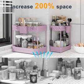 Sevenblue 2 Pack Under Sink Organizer, Under Bathroom Cabinet Organizer with Hooks Hanging Cup, Multi-Purpose Storage Shelf for Kitchen Bathroom (Pink, 14.8 Inch)