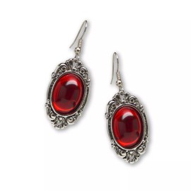 Real Metal Blood Red Cabochon Set in Silver Frame Dangle Earrings #1024R