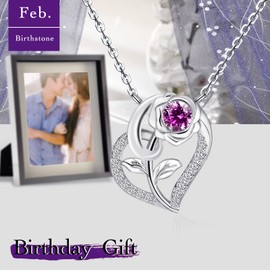 Qings Heart Birthstone Necklace with Rose Pendant 925 Silver Women's Birthstone 5A Gemstones Zirconia Necklace Birthday Mother's Day Valentine's Day Christmas Jewellery Gift for Girlfriend Mother,