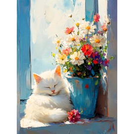 5D DIY Diamond Art Window Cat Popular Kit Fashionable Mosaic Art Colorful Flowers in Vase Children Adult Diamond Painting Beginners Suitable for Home Decor (11.8 x 15.7 inches (30 x 40 cm)