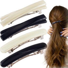 STSTR 4PCS French Barrette Hair Clips for Women, 2 Styles Small Tortoise Shell Hair Clip, Curved Glossy Thin Hair Flat Hair Accessories for Women - Black, White, Crossed/Oval Style