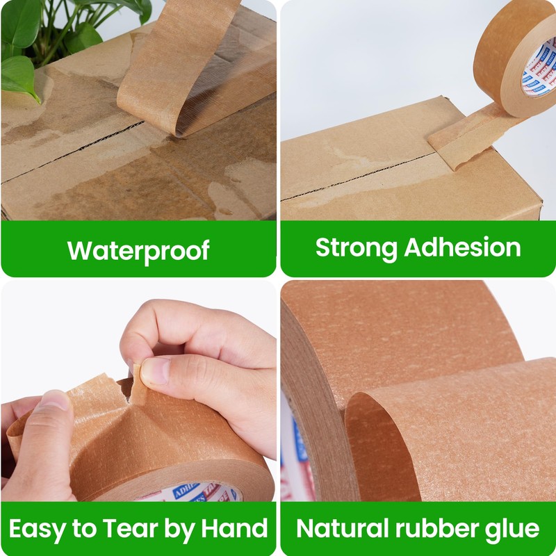 Adhes Biodegradable Brown Paper Packing Tape 3 Rolls 2 Inch
