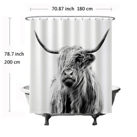Ulticool Scottish Highlander Shower Curtain Black White 180 x 200 cm Anti Mould Washable Waterproof with 12 Rings