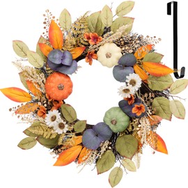 Wellsign Fall Decor, 18 Inch Fall Wreaths for Front Door Outside, Autumn Maples Leaf Pumpkin Eucalyptus Wreath Fall Decorations for Home Porch Wall Window Thanksgiving Farmhouse Outdoor Indoor