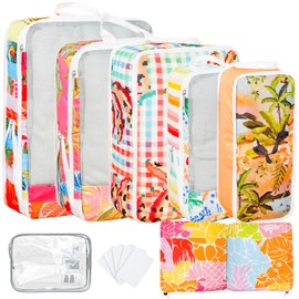 7 Pcs Compression Packing Cubes for Travel, Waterproof Suitcase Luggage Backpack Organizer with Toiletry Bag Travel Essentials for Women/Men-Tropical Pattern