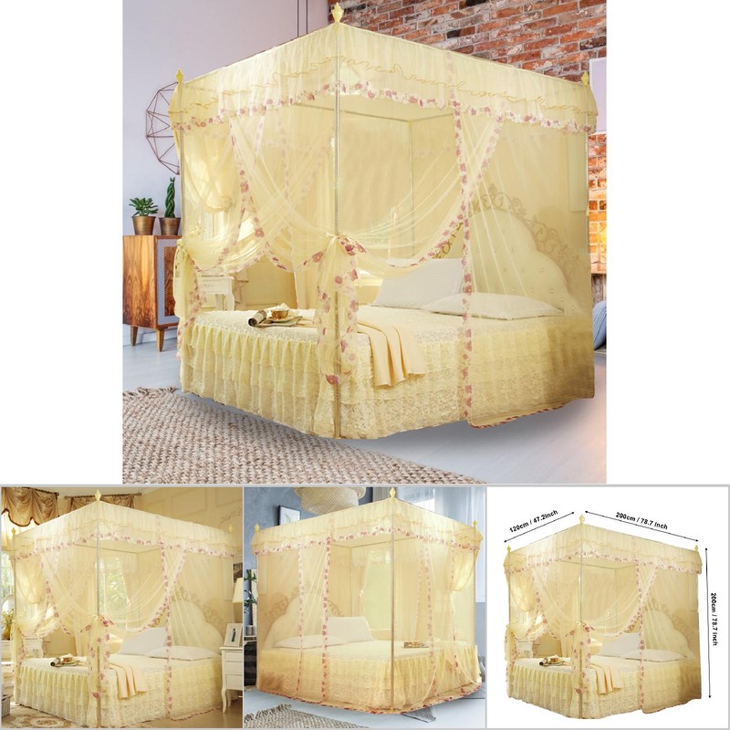 Luxury Princess 3 Side Openings Post Bed Curtain Canopy Netting
