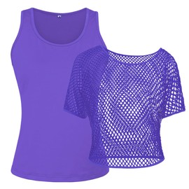 WILDPARTY 80s Fancy Fishnet Top for Women, Tank Top Off the Shoulder T-shirt 1980s Retro Theme Party Costume Accessories Cosplay