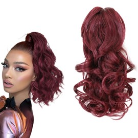 prinfantasy Hair Extensions Clip in Ponytail Extensions Short Wave Pony Tail Claw Clip Pony Tail Hair Extensions Dark Red Wavy Ponytails Synthetic Hair Pieces for Women Girls,GBMW302