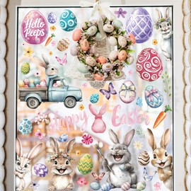 Cmaone Easter Window Clings Happy Easter Bunny Rabbit Egg Window Stickers Double-Side Glass Decals for Home Office School Shop Display Party Decorations