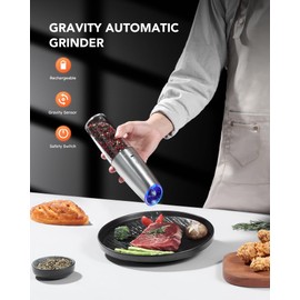 FORLIM Gravity Electric Salt and Pepper Grinder Set, USB Rechargeable Large Capacity Salt Grinder, Automatic One-Click Grinding One Hand Operated Adjustable Coarseness Pepper Mill(Silver)