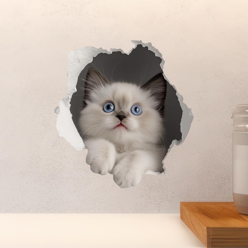 White Cat Decal - Wall Hole Sticker with 3D Effect