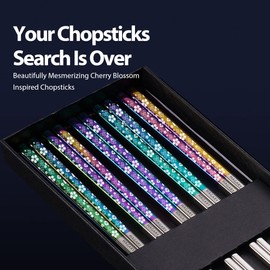 Hagary Cherry Blossom Rainbow Chopsticks Metal Chopsticks Reusable Designed In Korea Japanese Style Stainless Steel 316 18/10 Non-Slip Dishwasher Safe (5 Pairs)