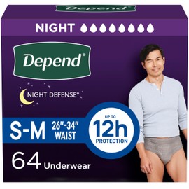 Depend Night Defense Adult Diapers, Incontinence Underwear for Men, Disposable, Overnight, Small/Medium, Grey, 64 Count (4 Packs of 16), Packaging May Vary