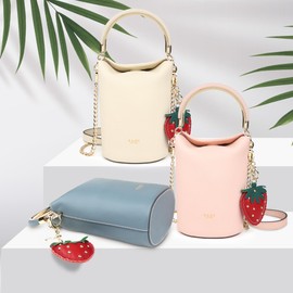 SADI Genuine Leather Handbag for Women, Round Barrel Design Shoulder Bag With Adjustable Shoulders Strap and Detachable Strawberry Charm, Cowhide Tote Bags for Multi-Occasions (Pink)