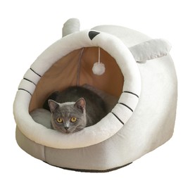 40CM/15.7 in Cat Bed,Semi-Enclosed Cat Beds for Indoor Cats Soft Cat Cave, Cat House with Hanging Plush Toy Covered Cat Bed for Cats and Small Dogs Playing Sleeping