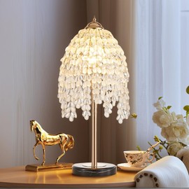 juruilight 19 Inch Gold Crystal Table Lamp,Elegant Nightstand Lamp with Pendant Crystal Shade,Modern Bedside Lamps for Bedroom,Living Room Decor (Large Beads, 10" W*19" H)