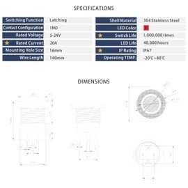 KWONONG LED Latching Push Button Switch, Stainless Steel, IP67 Waterproof 5-24V 20A 1NO, with Wire Socket Plug (2, Red, 16mm)