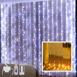 Clearhill 3 * 3Curtain String Lights 300LED White 8 Modes Soft Wire Curtain Lights with Remote & Timer, USB Operated, Waterproof for Indoor/Outdoor Decorations，Bedroom，Wedding，Party