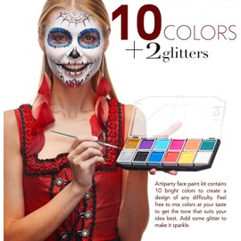 Face Paint Kit - Dermatologically Tested, Non-Toxic & Hypoallergenic - Professional Painting for Kids & Adults - Cosplay Makeup - Easy to Apply & Remove - Leakproof Dry Glitters