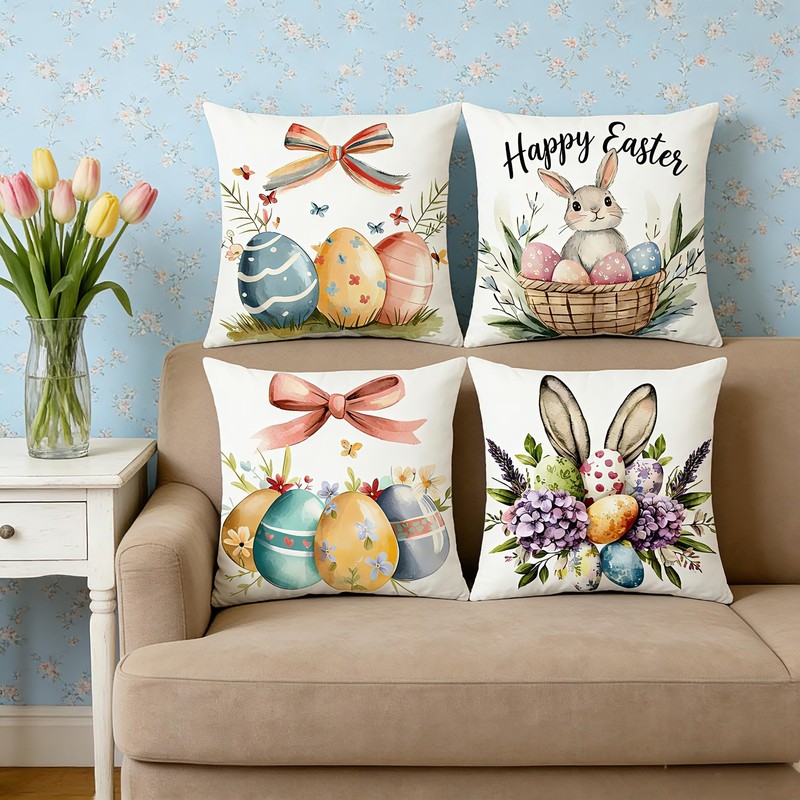 Ticacooler Easter Pillow Covers 18x18 Inch Set of 4, Bunny