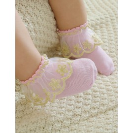 PrinceSasa infant newborn toddler baby girl socks Princess party ruffle gold lace(Pack of 4),F1,size 0-1 Year(1Y)