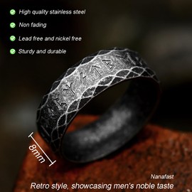 Nanafast Viking Rings for Men, Women Silver/Black/Vintage Stainless Steel Norse Rings for men, Runes Viking Ring Bands for Men-8MMretroblack-10