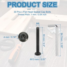 PATIKIL M6-1.0x55mm Flat Head Socket Cap Bolts Screws, 30 Pcs 304 Stainless Steel Hex Drive Full Machine Thread with Hex Wrench for Car Bike Ship Assembly Accessories