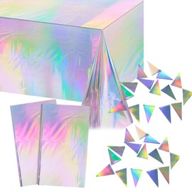 Iridescent Party Decorations,2 Pack Iridescent PlasticTablecloths with Banner,54" x 108" Shiny Disposable Laser Rectangle Table Covers,Holographic Foil Tablecloth for Birthday Bridal Wedding Christmas
