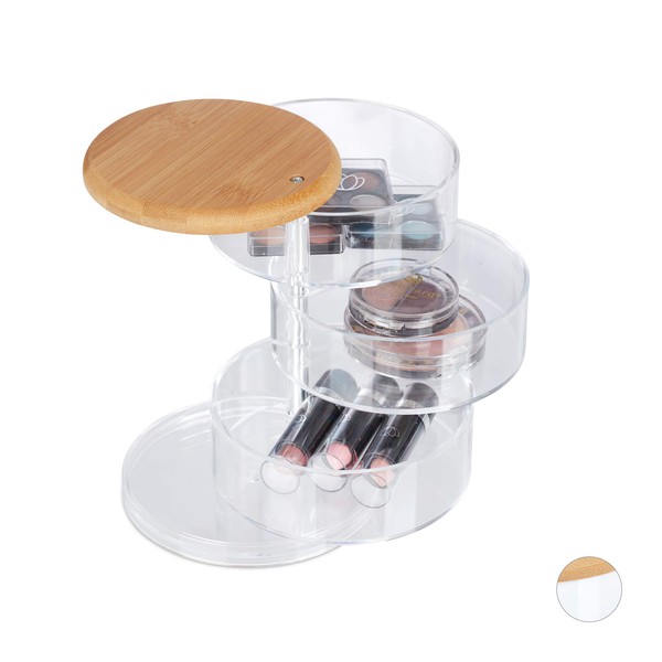 Relaxdays Make Up Organizer Round 3 Tier Rotating Cosmetic & Jewelry Bamboo Lid Plastic Makeup Box Clear 1 Piece
