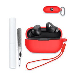 Case for Beats Solo Buds 2024 New Headphone, Soft Silicone Protective Portable Scratch Shock Resistant Hard Shell with Cleaner Kit & Carabiner & Lanyard,Red