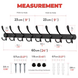 SAYONEYES Black Coat Rack Wall Mounted - 24 Inch Heavy Duty Stainless Steel Matte Finish Wall Hook Rack - 8 Tri Coat Hooks for Hanging Towels, Bags, Hat - Bathroom Entryway - 2 Pack