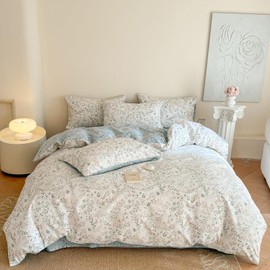 EAVD Garden Botanical Floral Duvet Cover Queen Soft Cotton Chic Shabby Floral Leaves Pattern Bedding Set with 2 Pillowcases Fresh Cute Botanical Comforter Cover with Zipper Closure