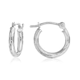 10K White Gold Hand Engraved Full Diamond-cut Round Hoop Earrings, Secure Latch Back Closure (13mm)