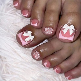 Pink Press on Toenails Short Square French Tip Fake Toe Nails Cute Bow Stick on Toenails Reusable False Nails with 3D Pearl Designs Full Cover Glue on Toenails for Women Girls 24 Pcs