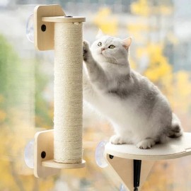 Mewoofun Wood Cat Window Perch Hammock with Climbing Steps 3 Pcs Cat Climber Set - Cat Scratching Post