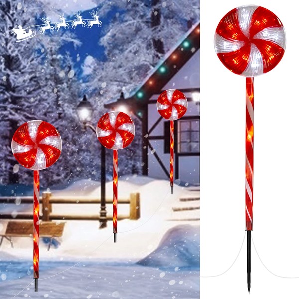 Lollipop Christmas Pathway Lights Outdoor - 29 inches 60 LED Lighted Candy Cane Decorations with 8 Lighting Modes Waterproof String Lights Plugin for Holiday Lawn Yard Patio Walkway Markers, 3 Pack