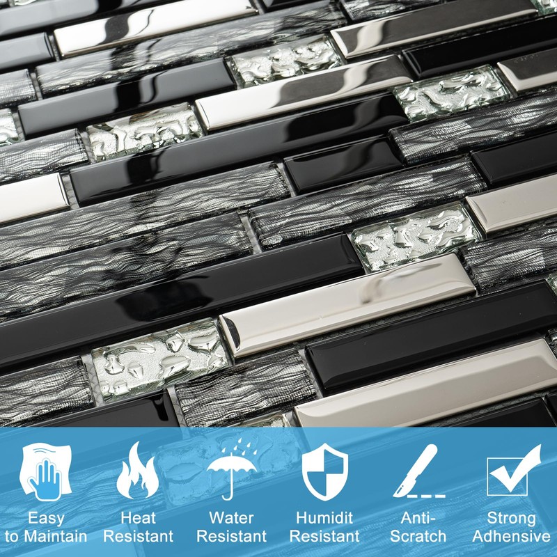 5-Sheet Glass Backsplash Tiles, 5 Square Feet Black Glass Mosaic