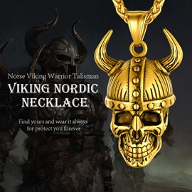 Gold Loki Horn Necklace for Men Women, Odin Awe Helmet Horn Pendant Boys Vintage Punk Viking Jewelry Skeleton Accessories